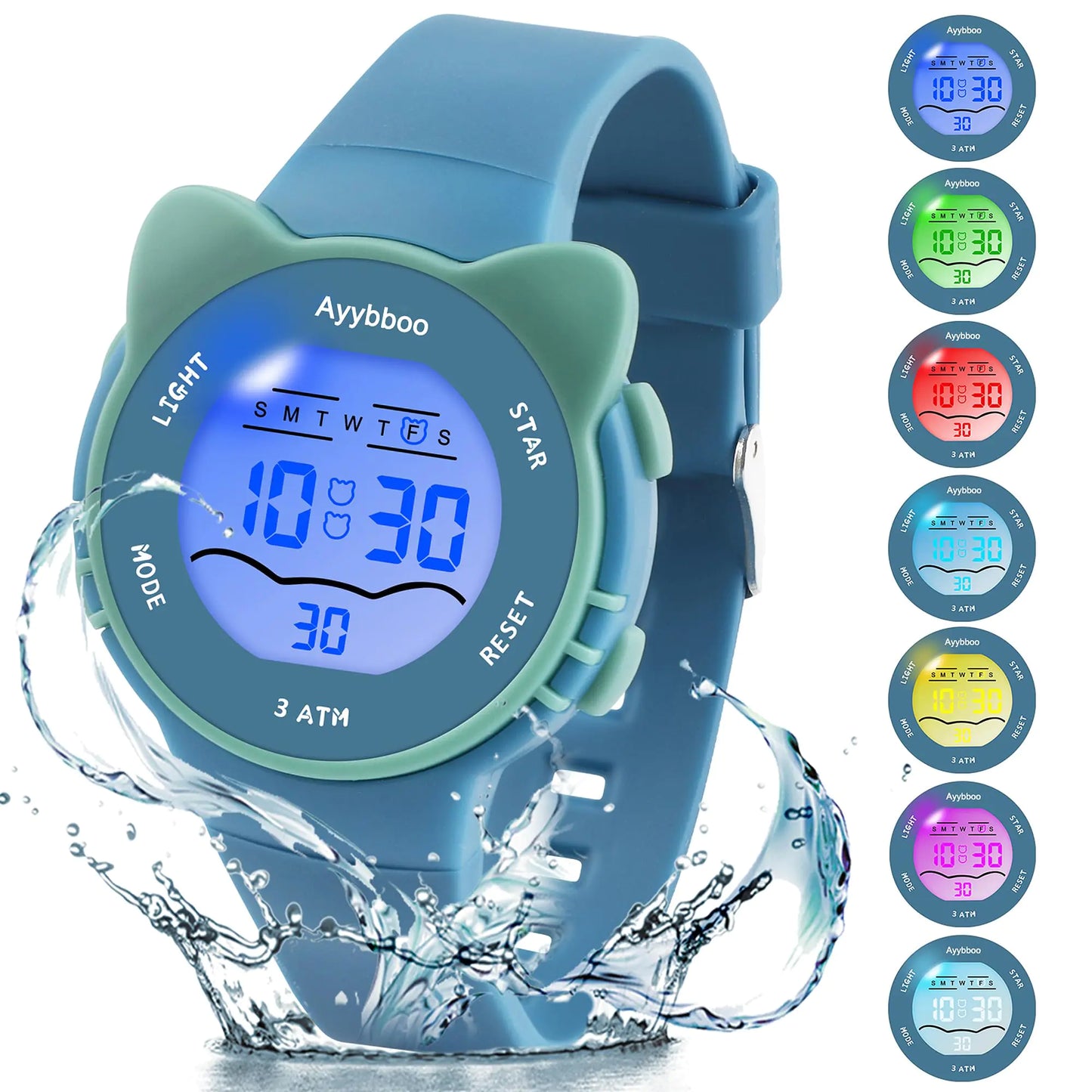Ayybboo Kids Waterproof Digital Watch for Girls Boys- 7 Color Lights