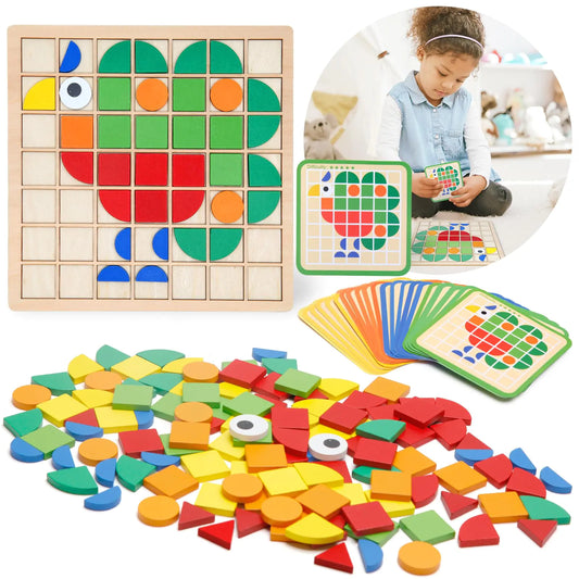 Zycolo Montessori Tangram Educational Geometric Shapes Puzzle Toys with 120Pcs Wooden Puzzle Blocks and 20Pcs Cards Colorful Pattern Montessori Childrens Educational Gifts for Kids Ages 3 and Up